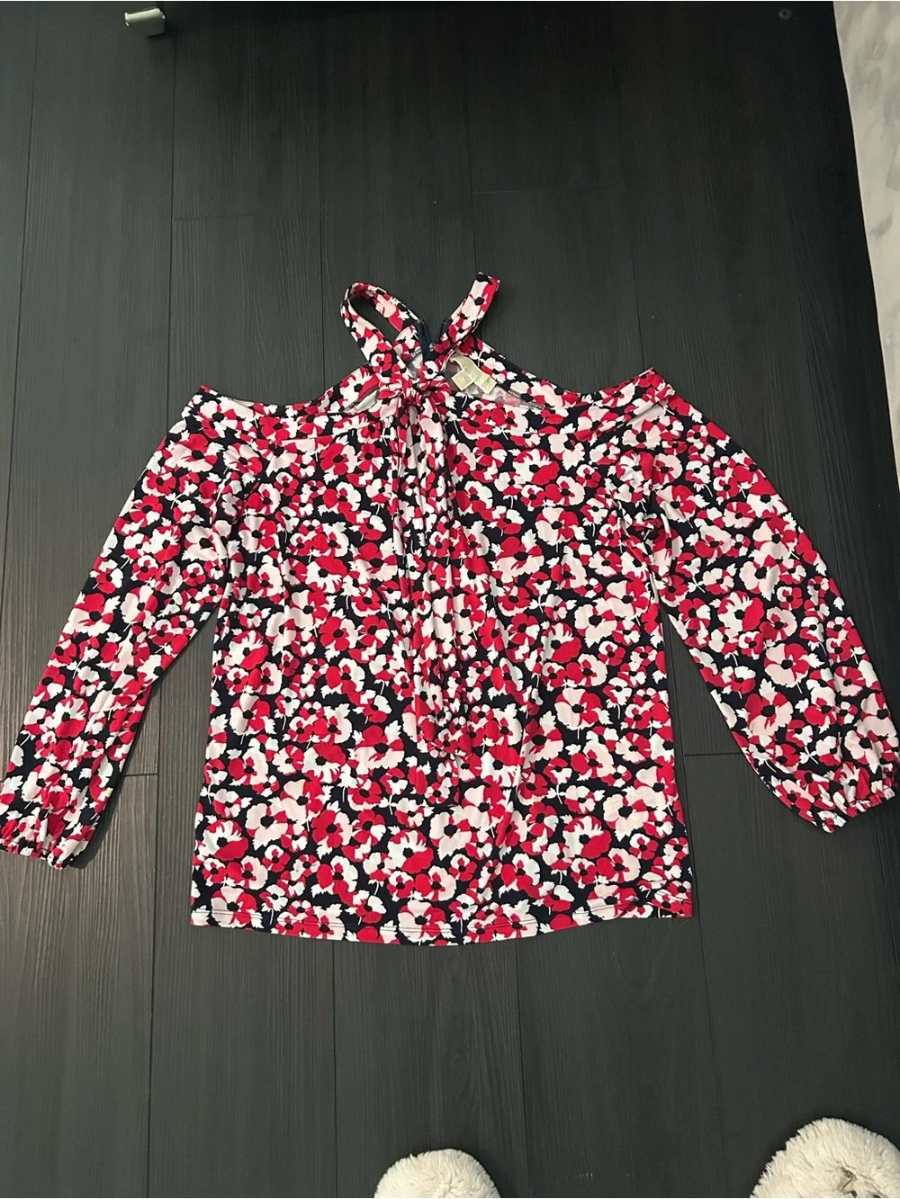 Michael Kors Red, White & Black Cold-Shoulder Floral Blouse
